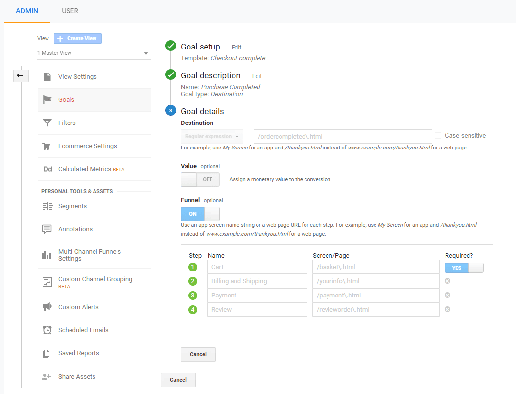 Google Analytics goal details