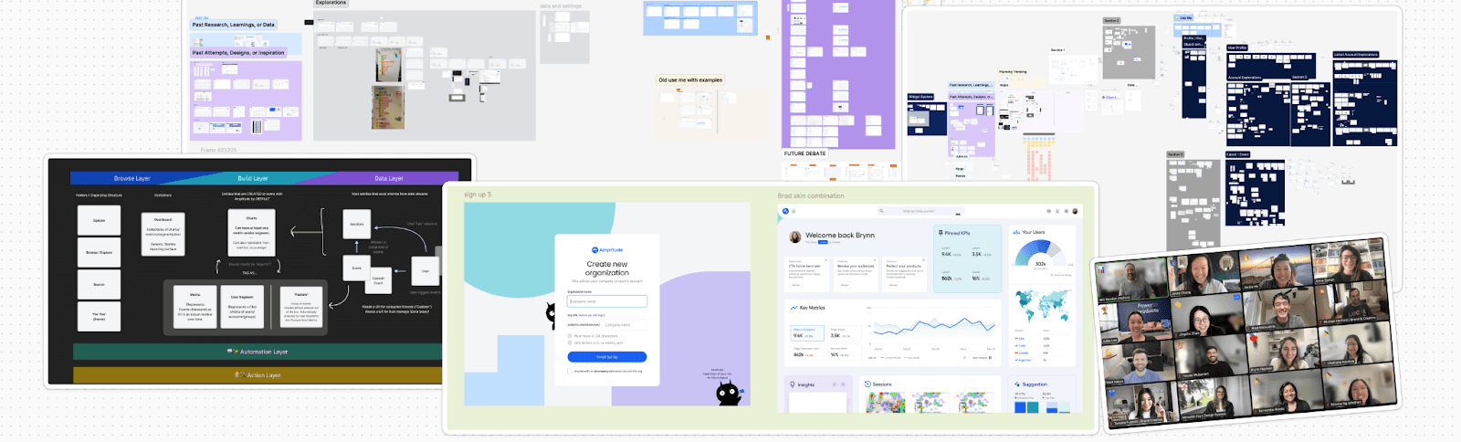 Wireframes, mockups, and a zoom call showing the energy of Amplitude's brainstorming