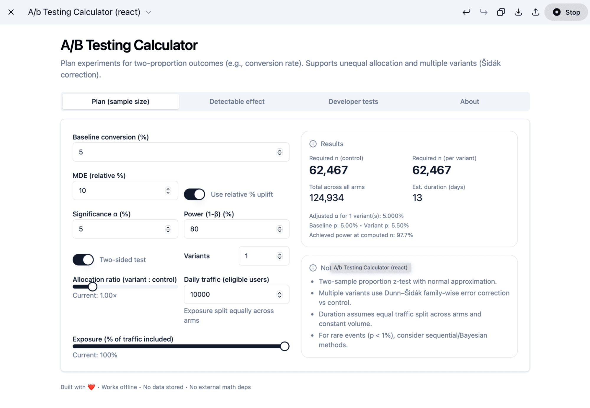 A testing calculator built in ChatGPT, with the described inputs and outputs from the article