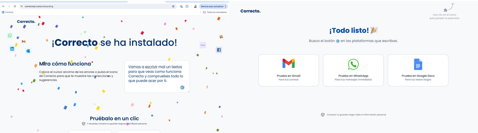 Before and after of the last step of the onboarding flow. Before has confetti but no clear action to take. After points users directly to use cases.