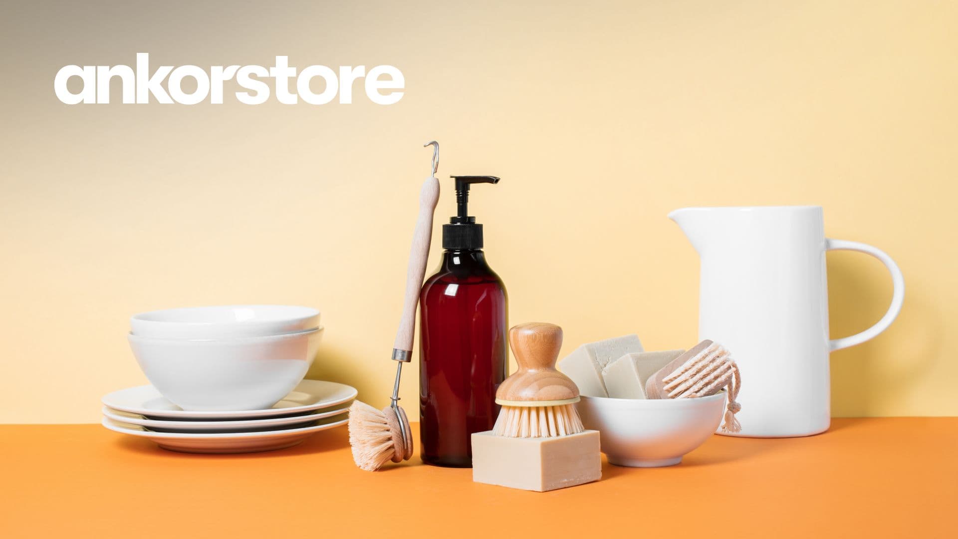 White and beige dishes and cleaning products