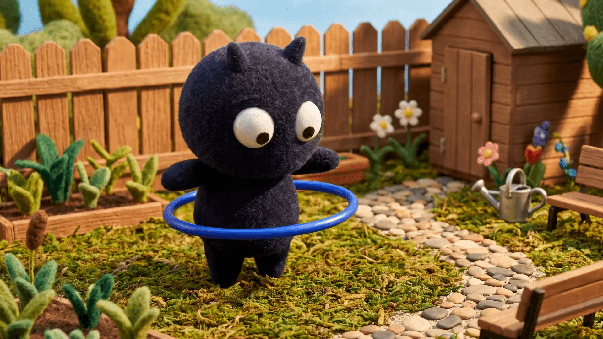 Data Monster hula hooping in a backyard
