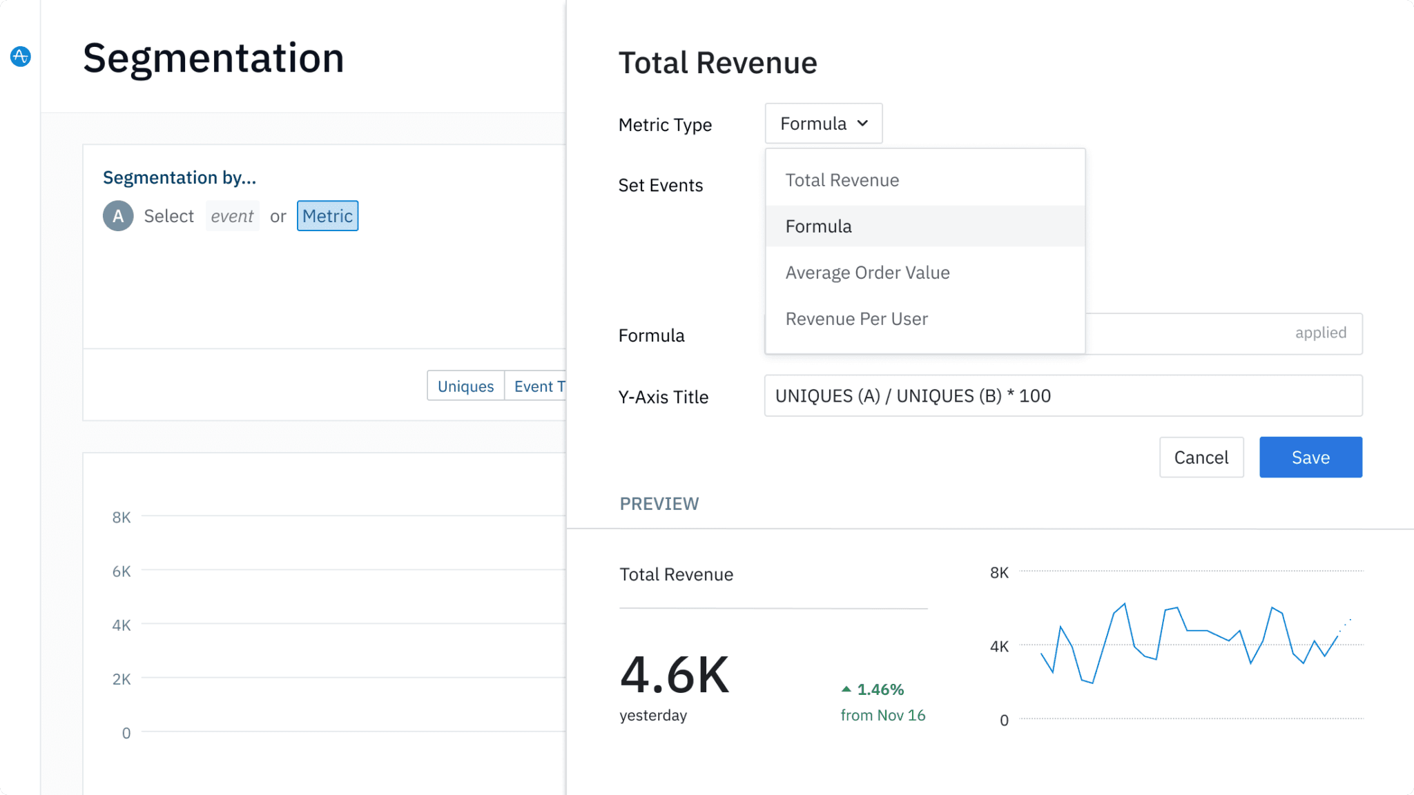 A screenshot of using Amplitude Metrics for segmentation