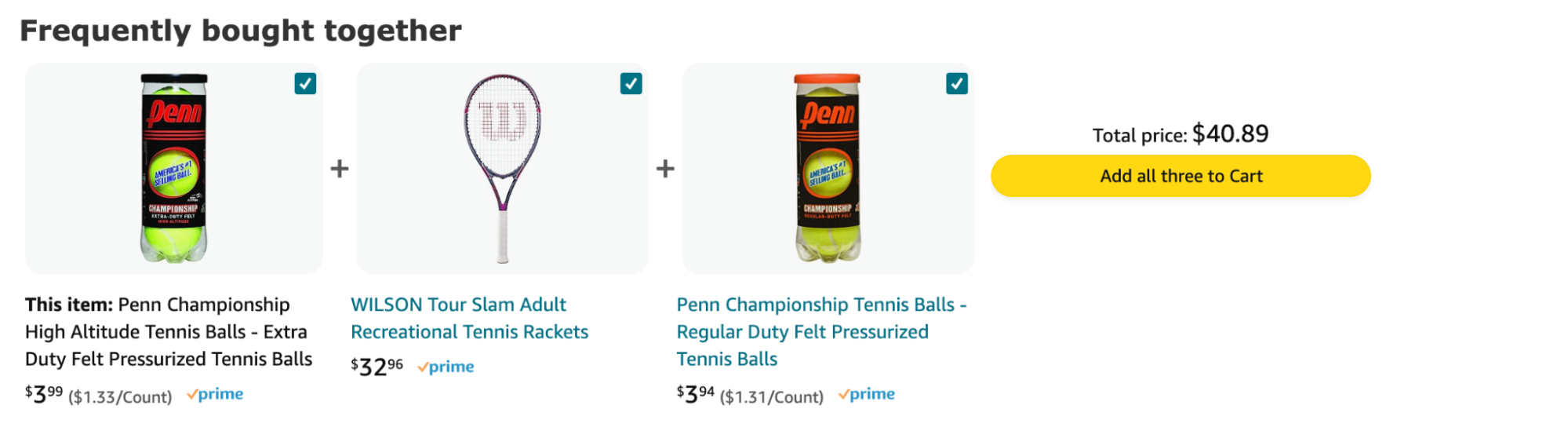 Ecommerce "frequently bought together" example showing tennis balls