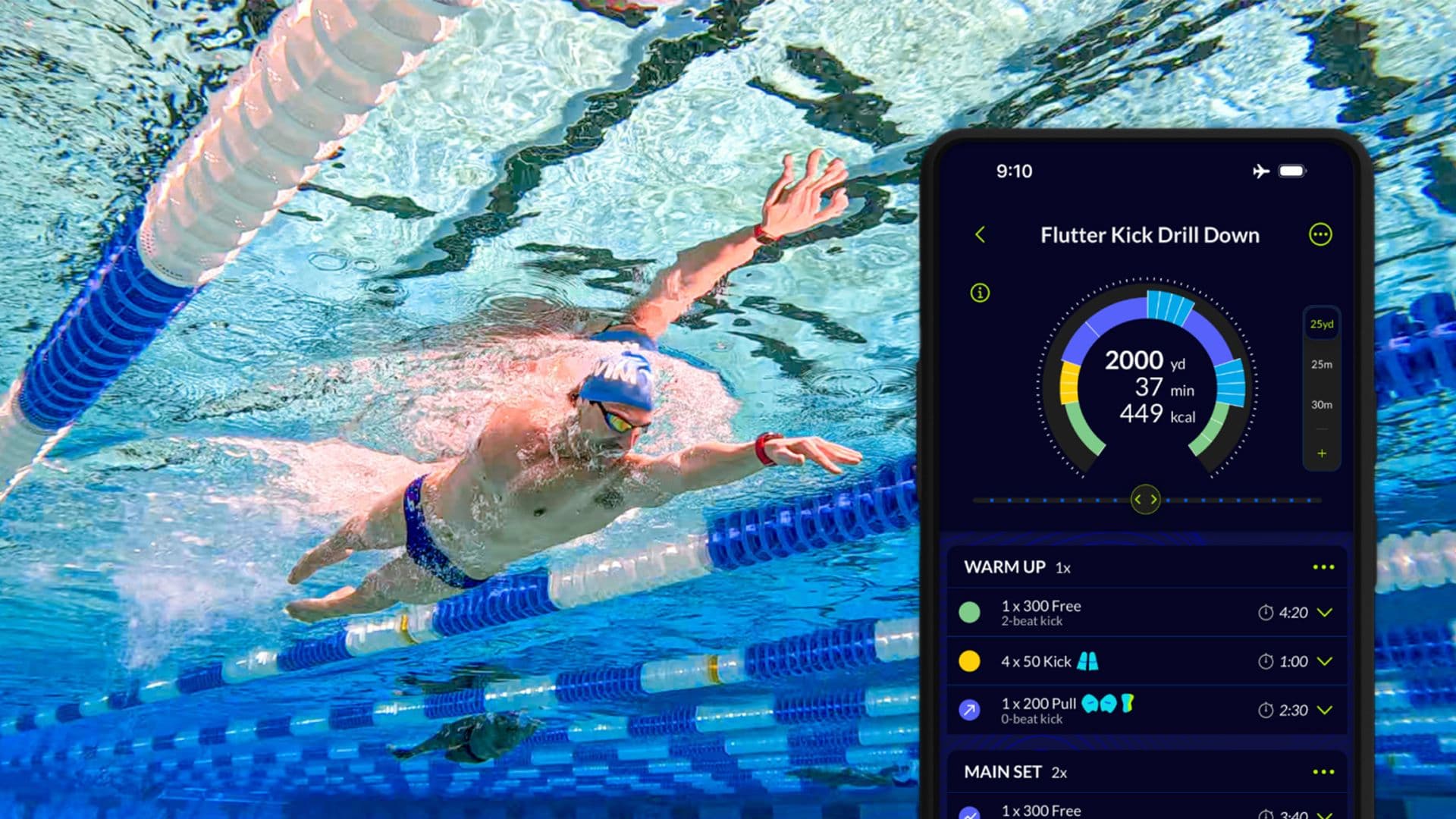 MySwimPro mobile app showing fitness tracking features