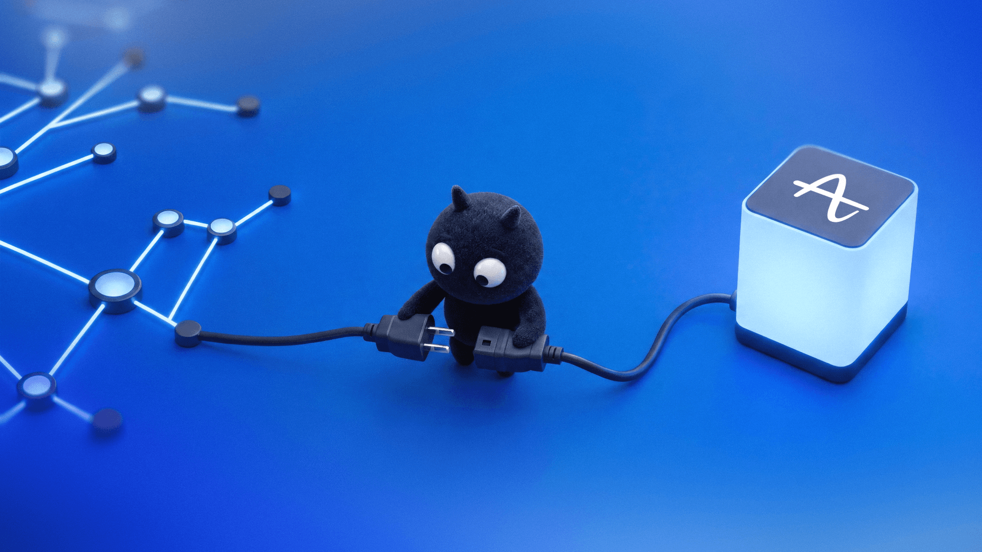A 3D illustration of Amplitude's Data Monster plugging a cable into a glowing cube with the Amplitude logo, set against a blue background with a connected node network.