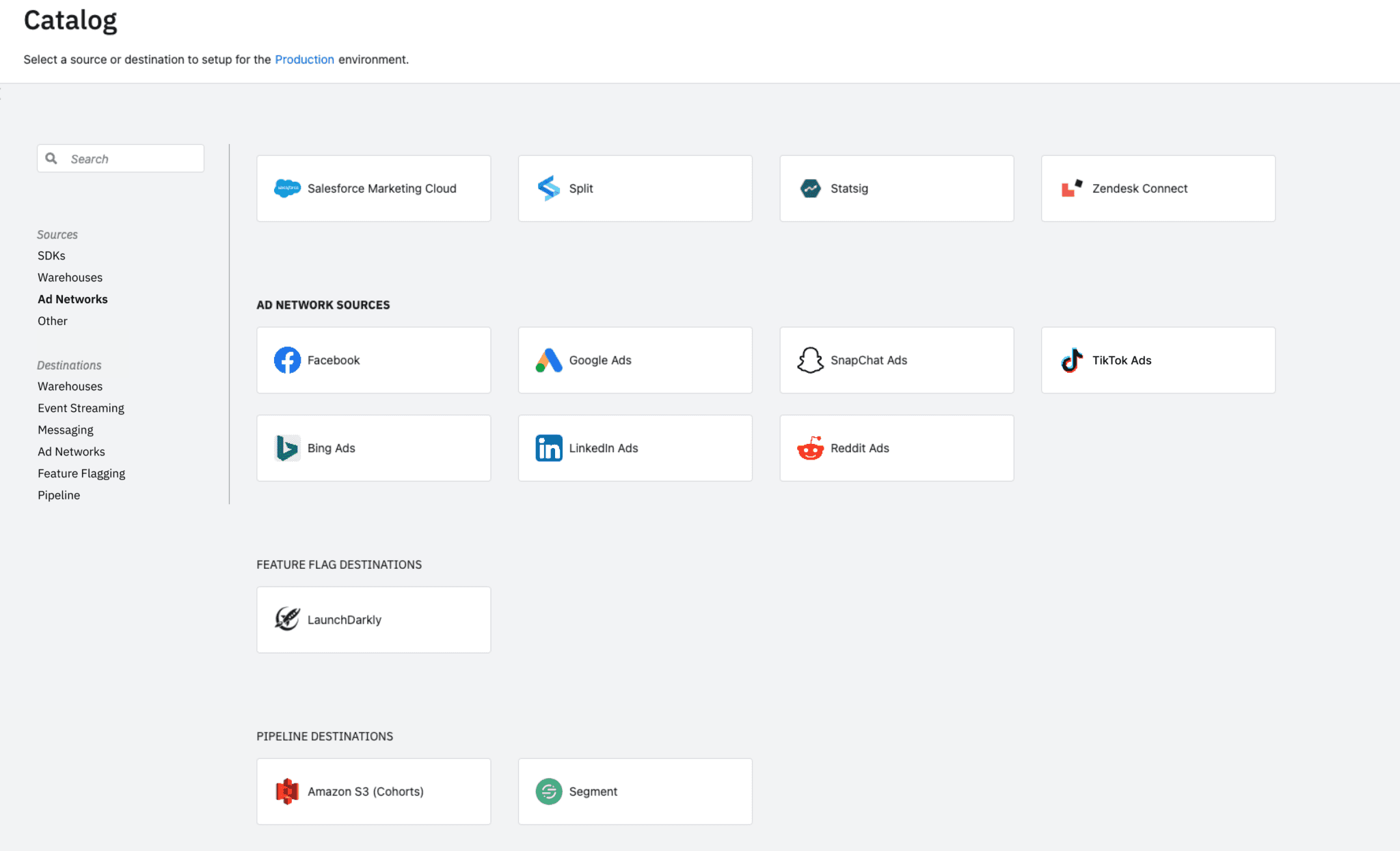 A screenshot of ad platforms you can connect to Amplitude