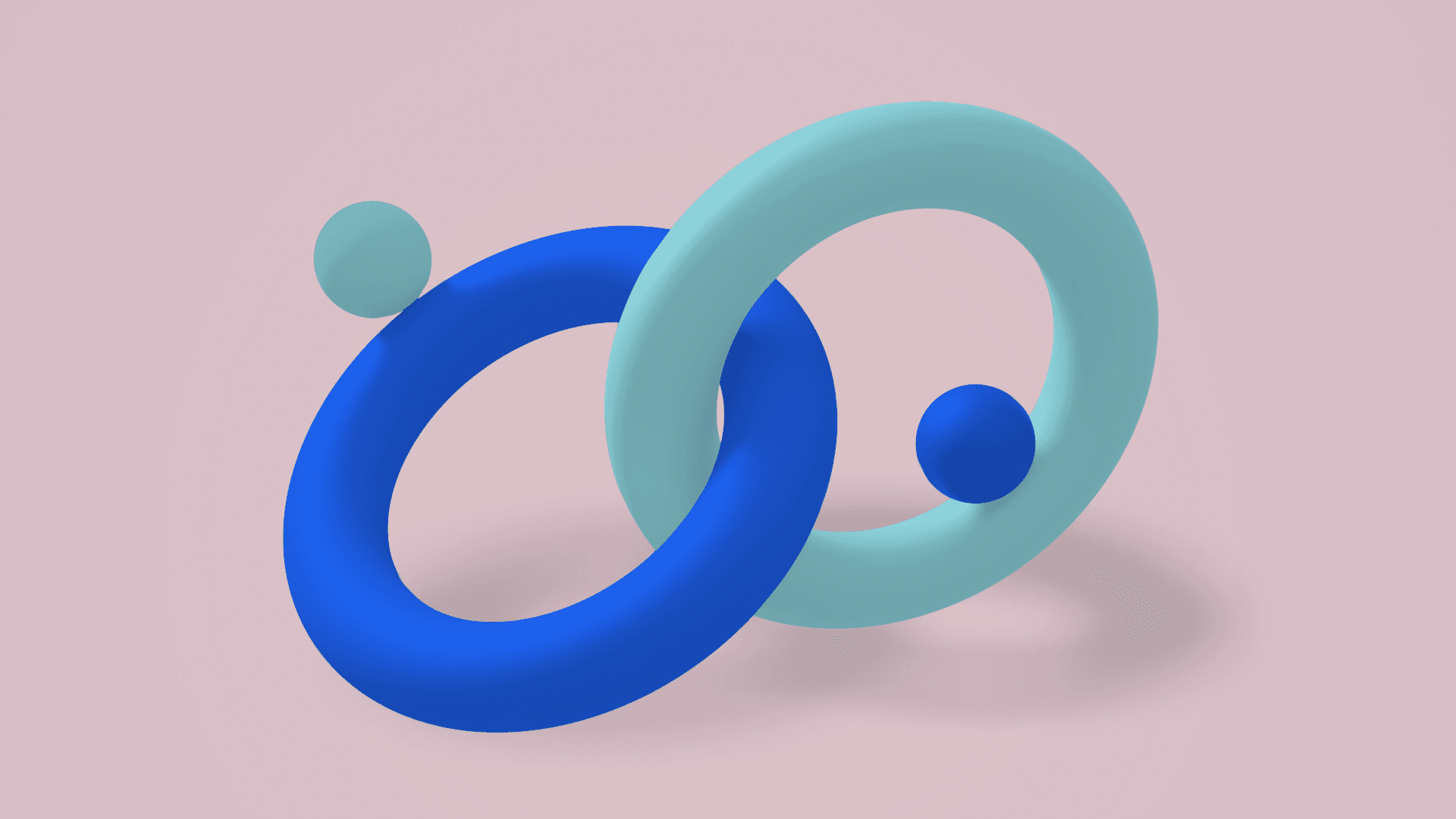 3D abstract rings and spheres in blue and teal on a pink background.