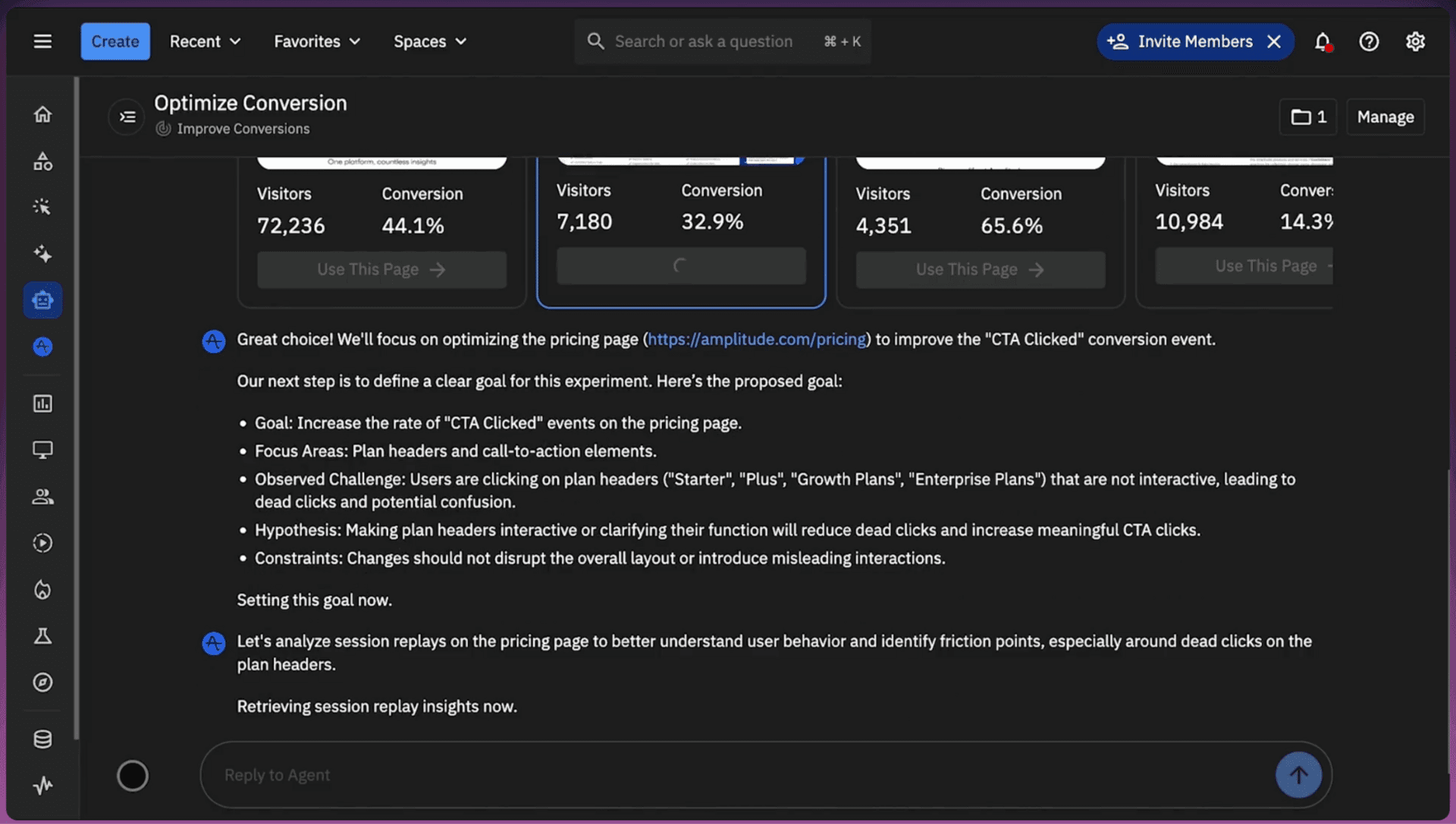The Amplitude AI Agent chat experience for optimizing conversion