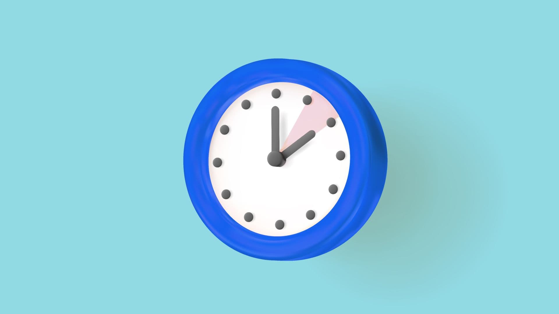 Blue analog clock at the 2:00 position against a teal background.