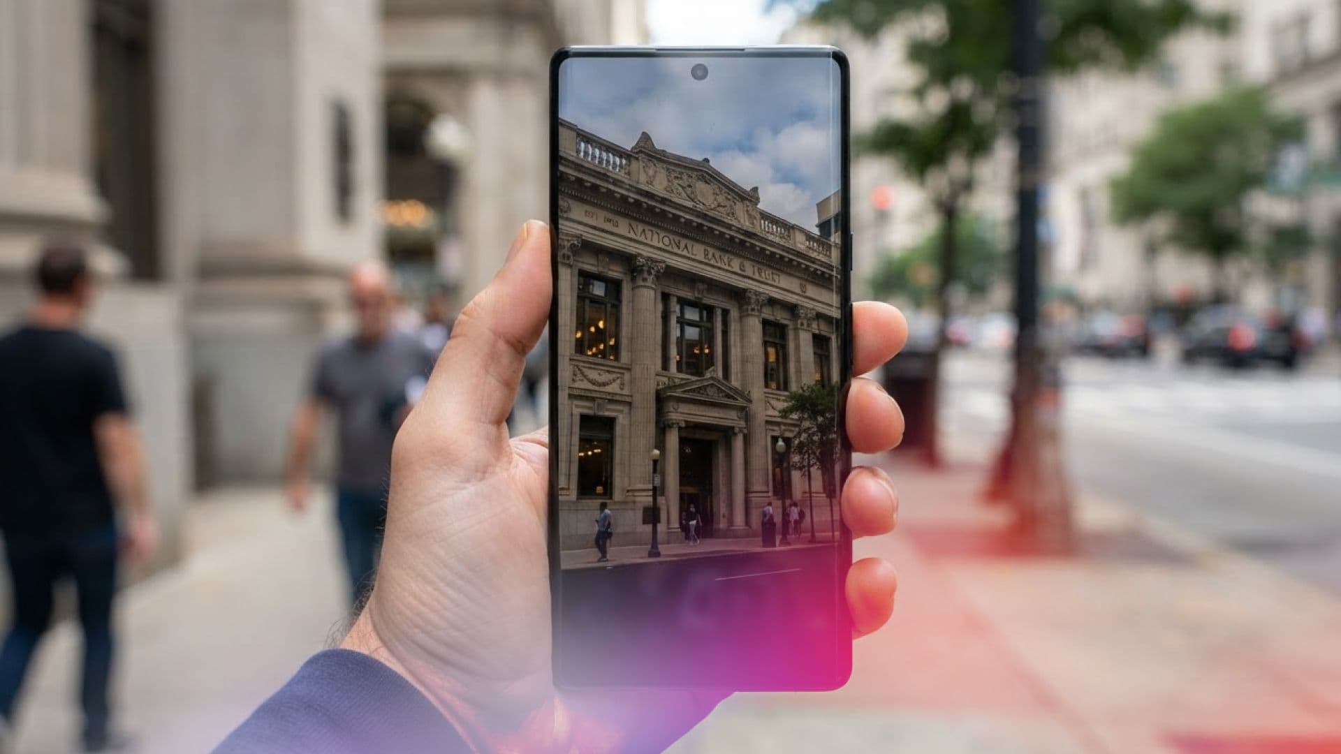 A hand holds a smartphone photographing a classic bank building facade on a city street
