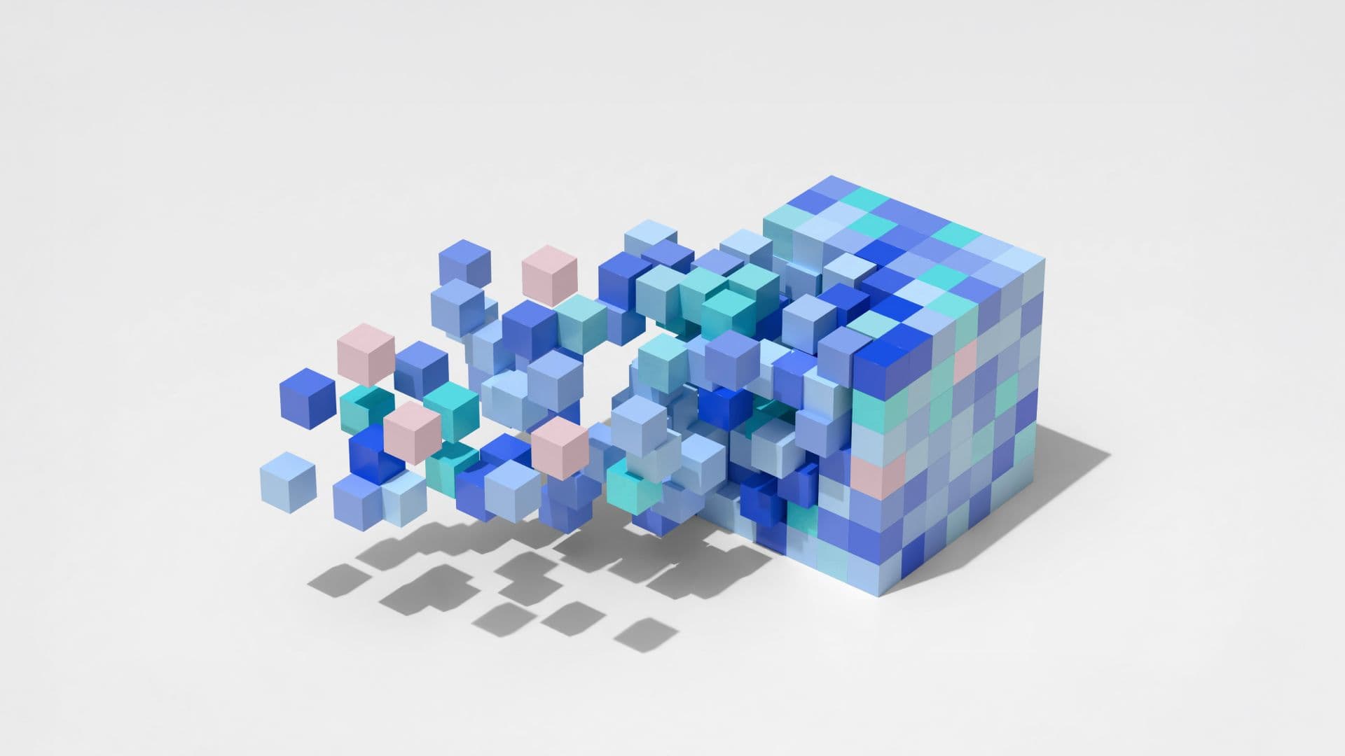 A bunch of tiny cubes fitting into a big cube, suggesting data structure