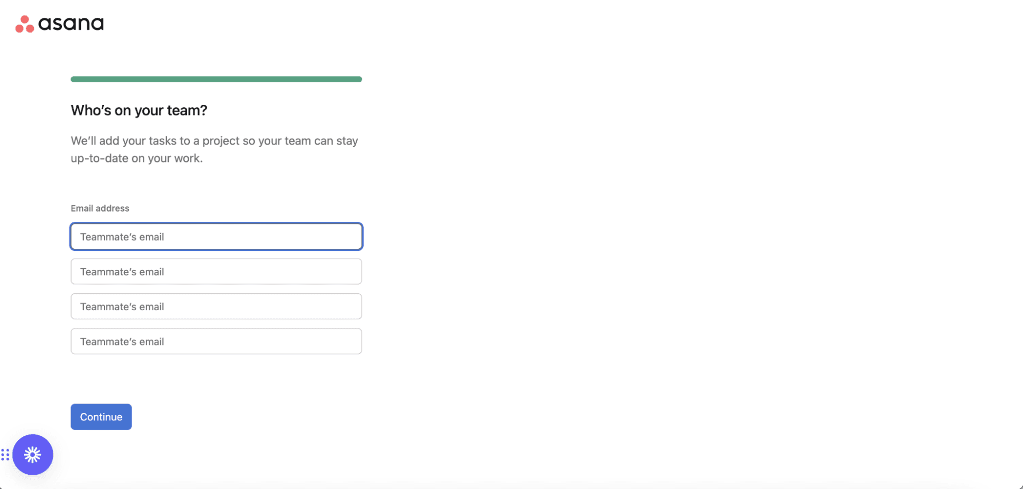 asana product onboarding prompt to invite teammates via email
