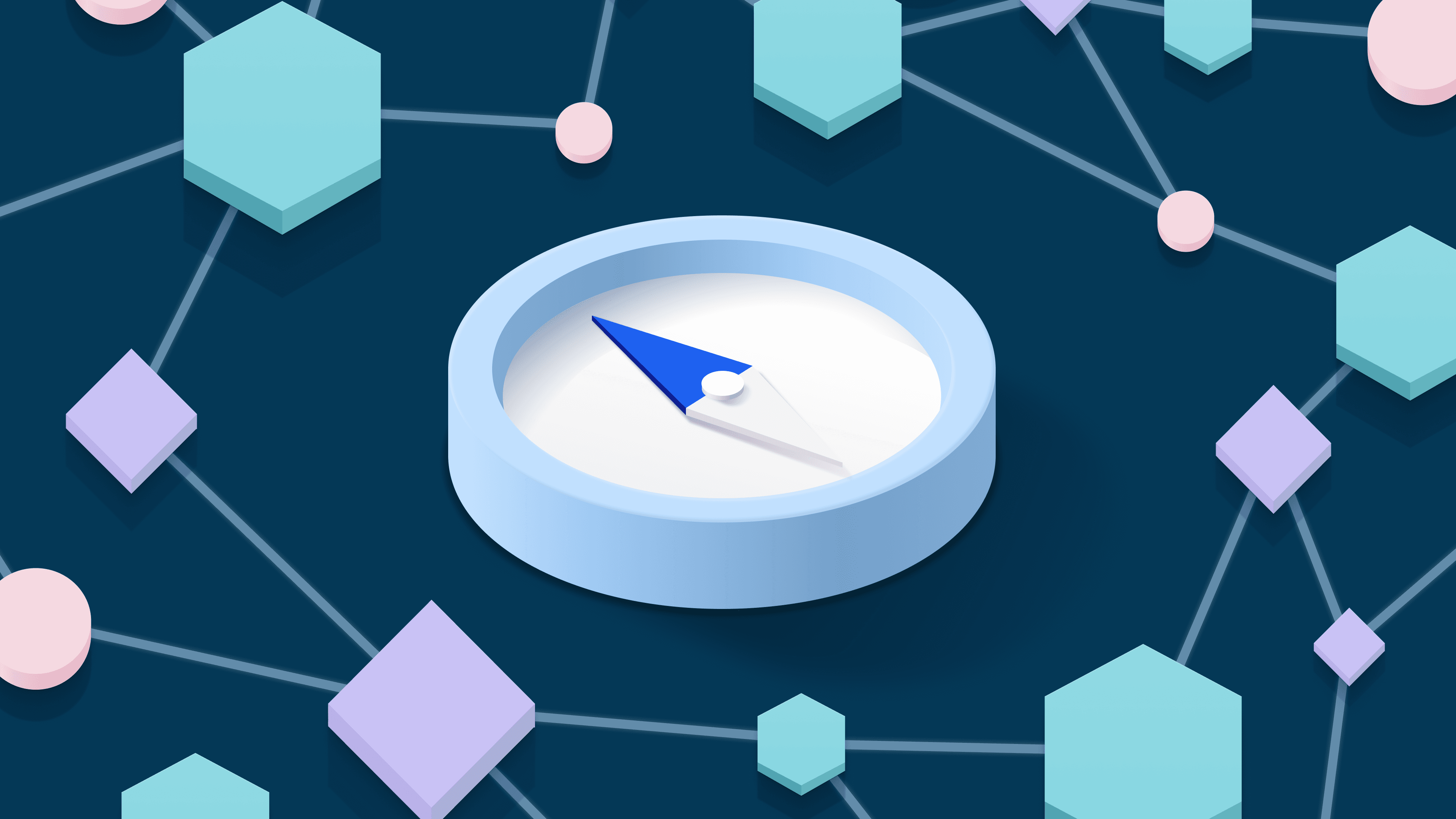 A compass illustration complimented by interconnected graphical elements in teal, purple and pink on a navy background