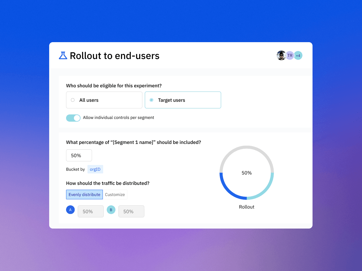 Development workflow interface showing feature flag management and targeting