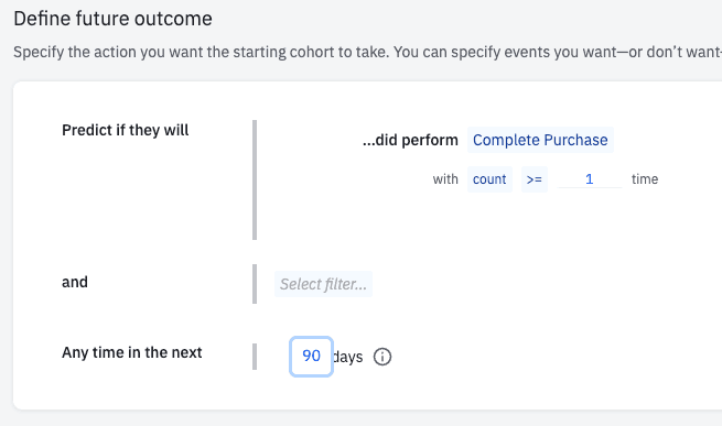 A screenshot showing how to define a future outcome when creating an Amplitude Prediction