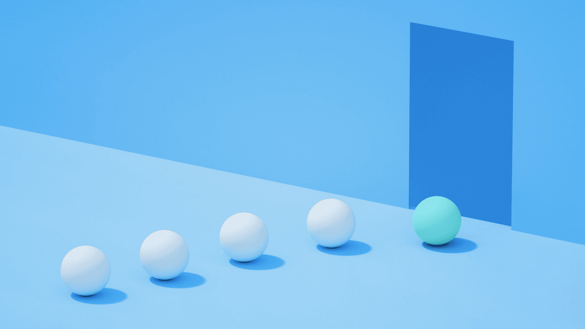 Four white spheres line up as a green sphere decides to go through a doorway