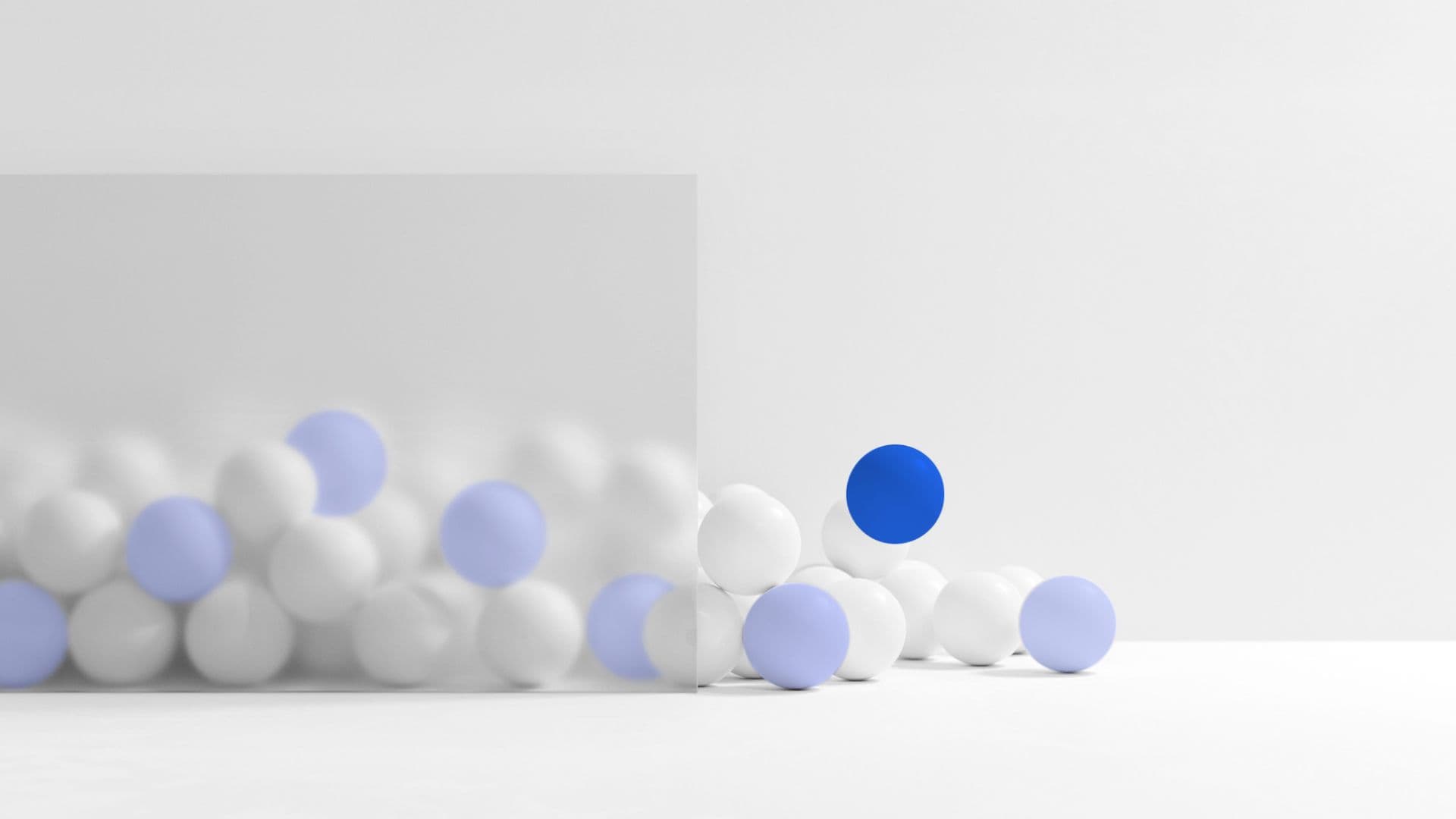 A blue table tennis ball hops up from among a sea of pale table tennis balls, suggesting visibility.