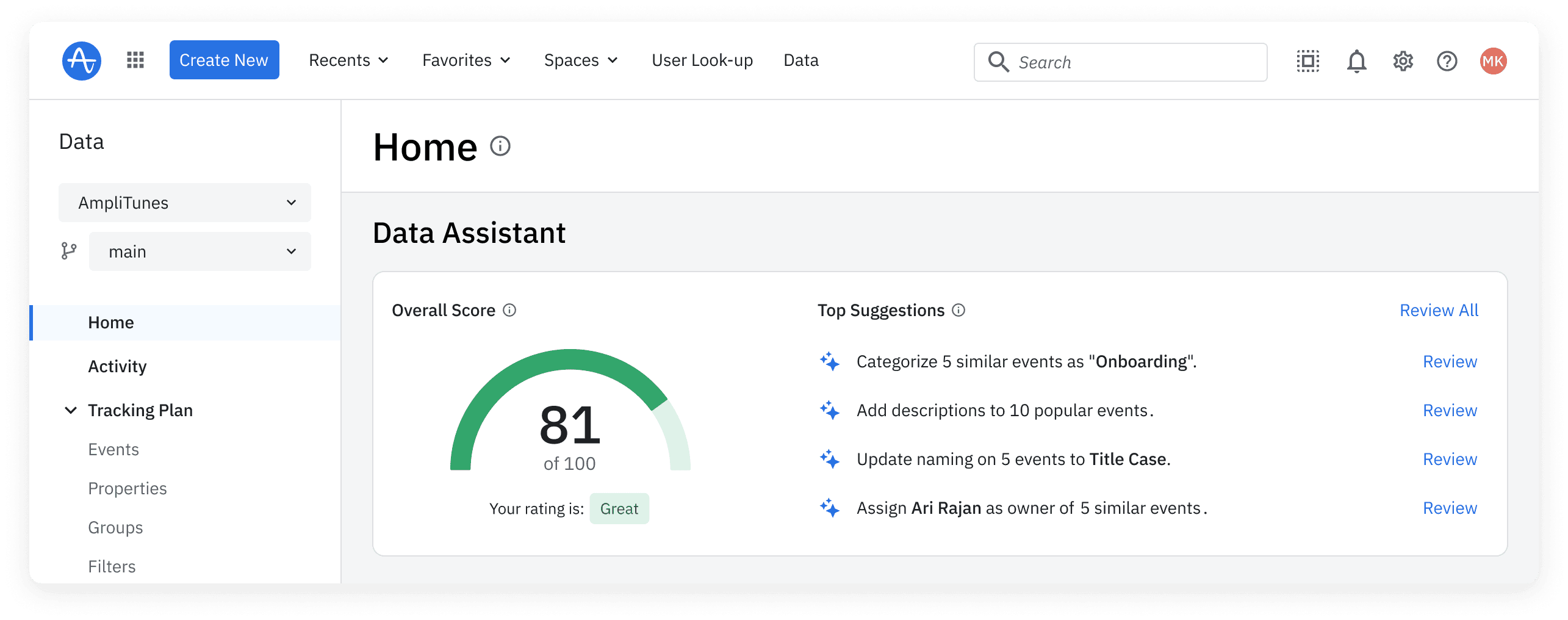 Amplitude's Data Assistant product UI showcases the home page